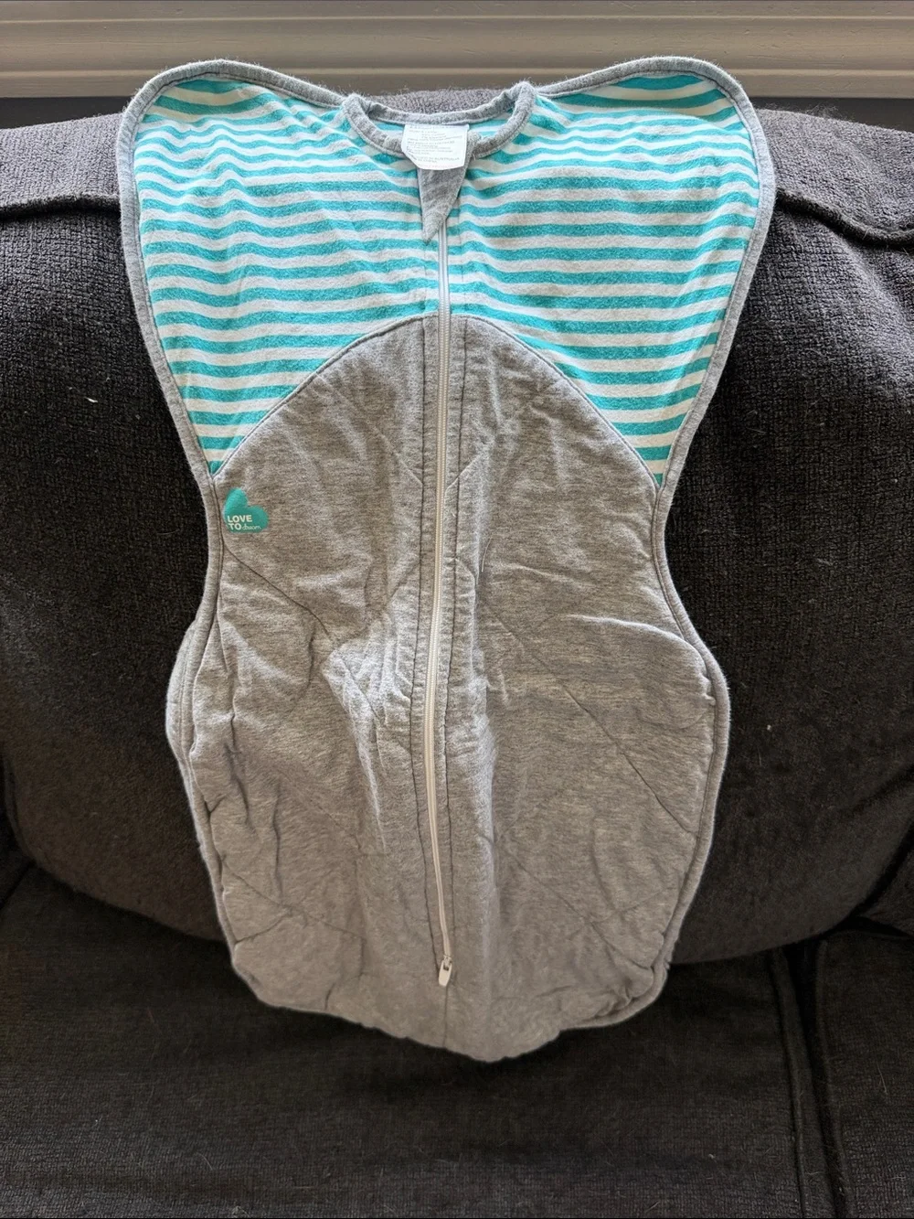 Love to Dream Gray Sleep Swaddle with Teal Stripes
